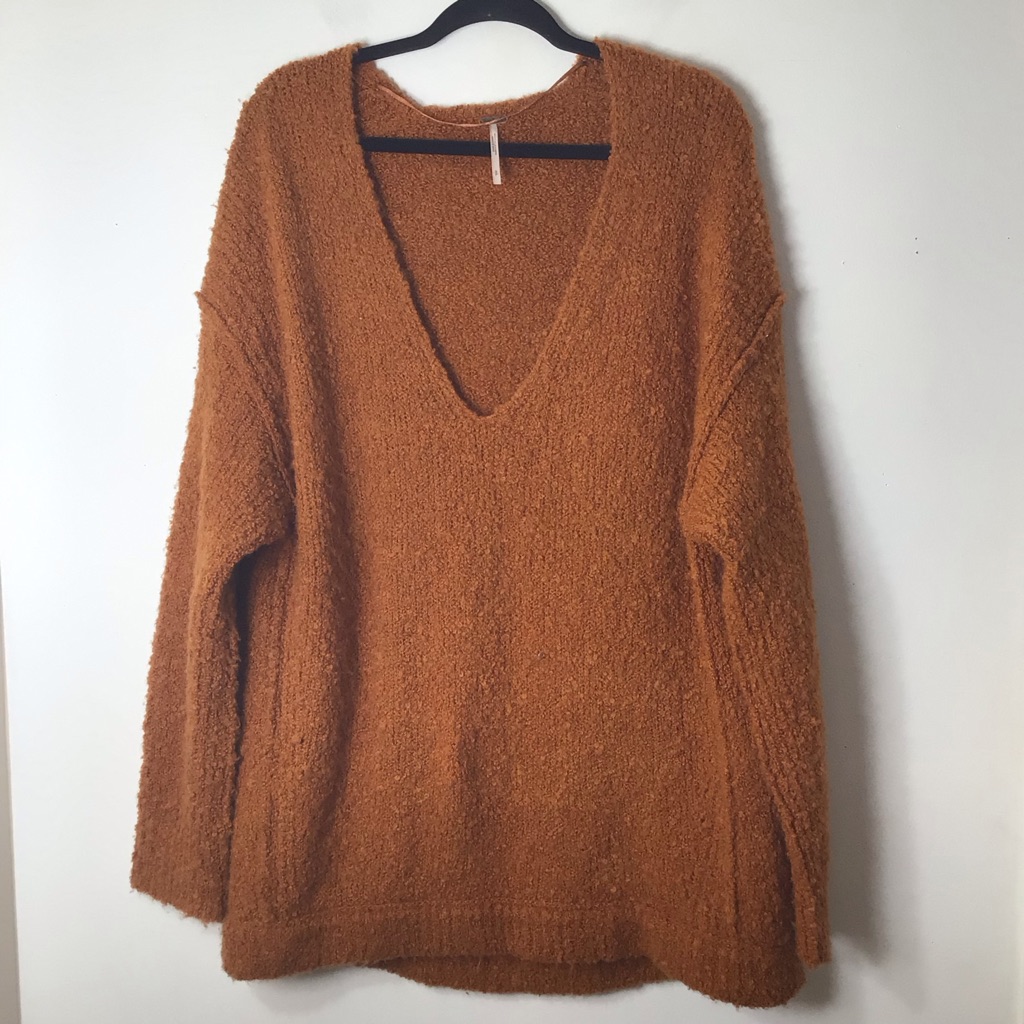 Free People Small Sweater Women Oversized V-Neck Boucl Sweater In Rust